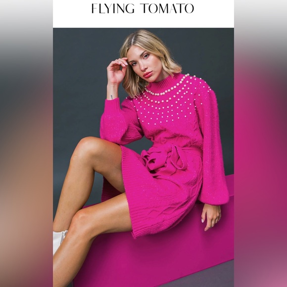 Flying Tomato Dresses & Skirts - NWOT #179 - FLYING TOMATO BRING THE VIBES SWEATER MINI FUCHSIA DRESS S-Small
